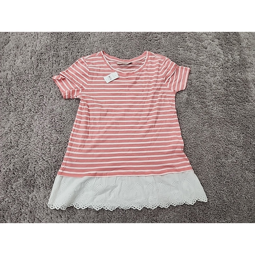 LOFT Shirt Womens S Pink White Striped Eyelet Hem Short Sleeve NEW